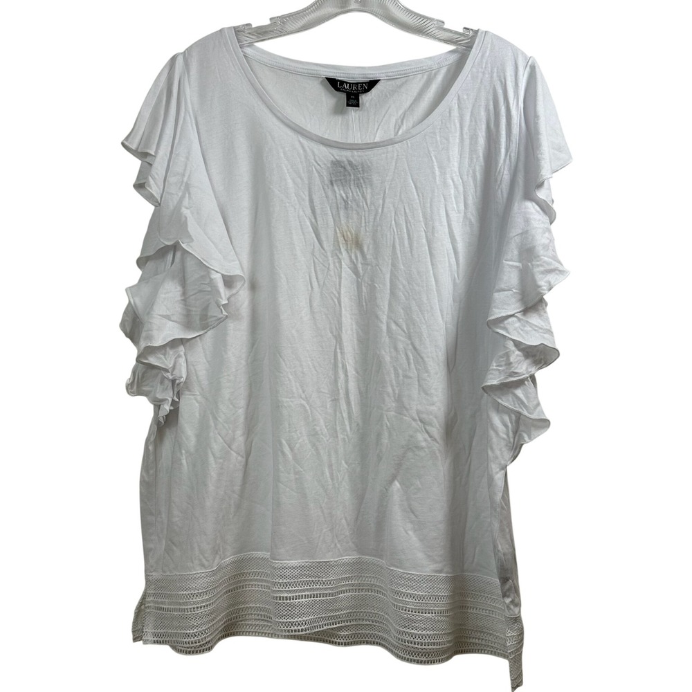 Lauren Ralph Lauren White Ruffle Sleeve Crochet Lace Trim Top XL NEW